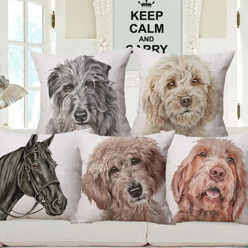 Dog Posters Hand Painting Cushion Covers Labradoodle Deerhound French Bulldog Chestnut Horse Pillow Case Animals Nursery Decor