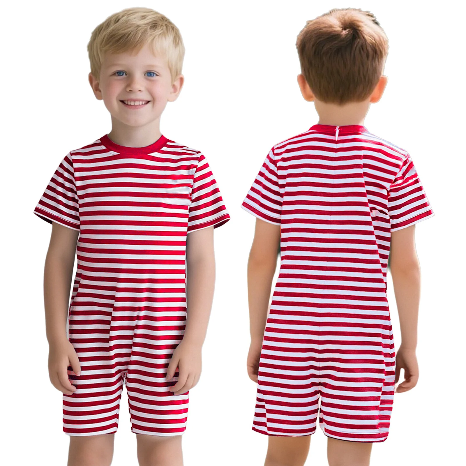 Kids Boys Girls Special Needs Adaptive Clothing Short Sleeve Thigh Length Anti-Strip Back Invisible Zipper Striped Jumpsuit