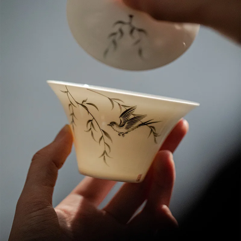 Hand-painted Ink Painting Willow Swallow Cover Bowl Thin Embryo Literati Ceramic Tea Bowl Under Glaze Color Home Tea Set