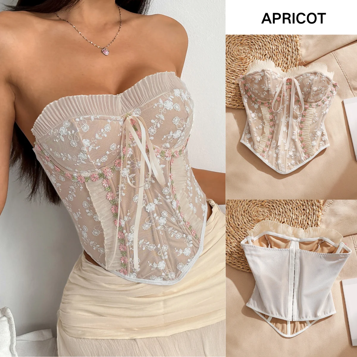 

Floral Apricot Corset Strapless Tube Tops Women Slim Fit Bones Tanks Crop Top Fashion Camisole Party Rave Bustier Shapewear Vest