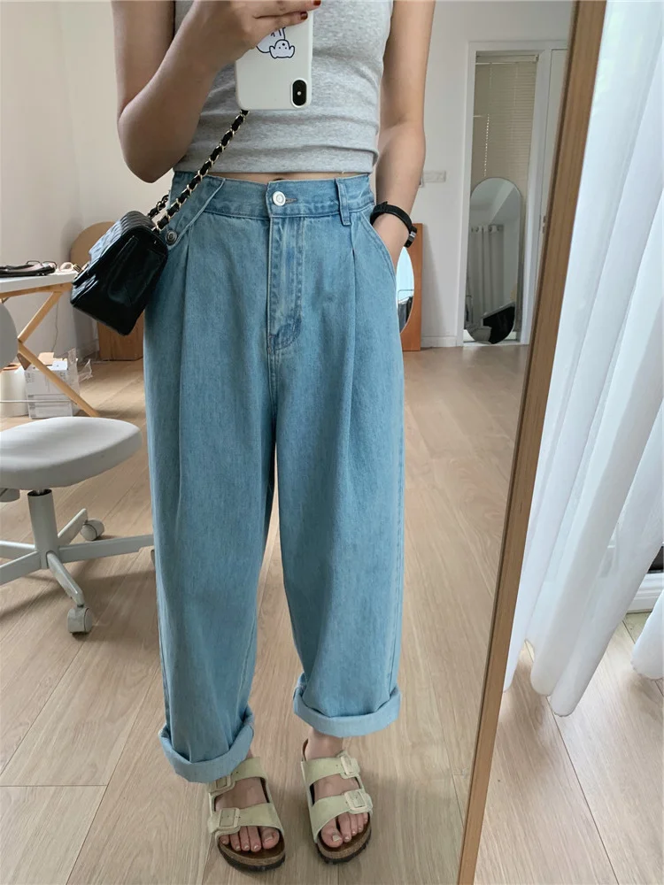 plus Size Women's Loose Fit Blue Jeans High Waist Straight Leg Pants Summer Slimming Long Trousers for Heavy Girls 200 Pou