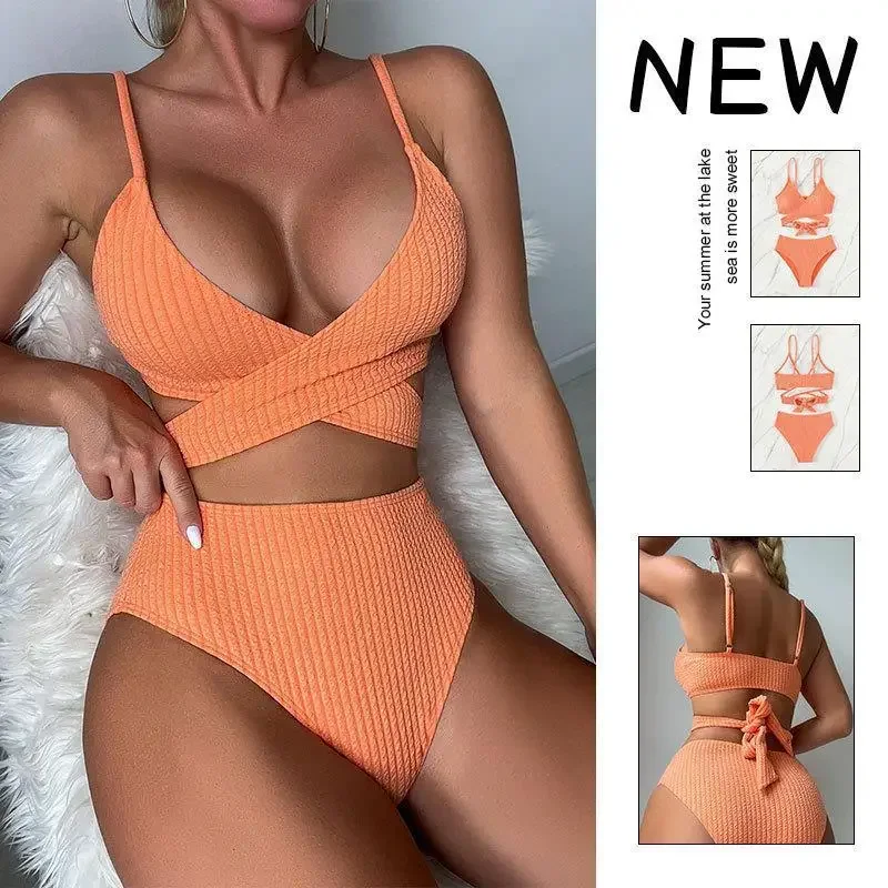 2026 New European and American Solid Color Lace-up Split Swimsuit Women's Suspender Bikini