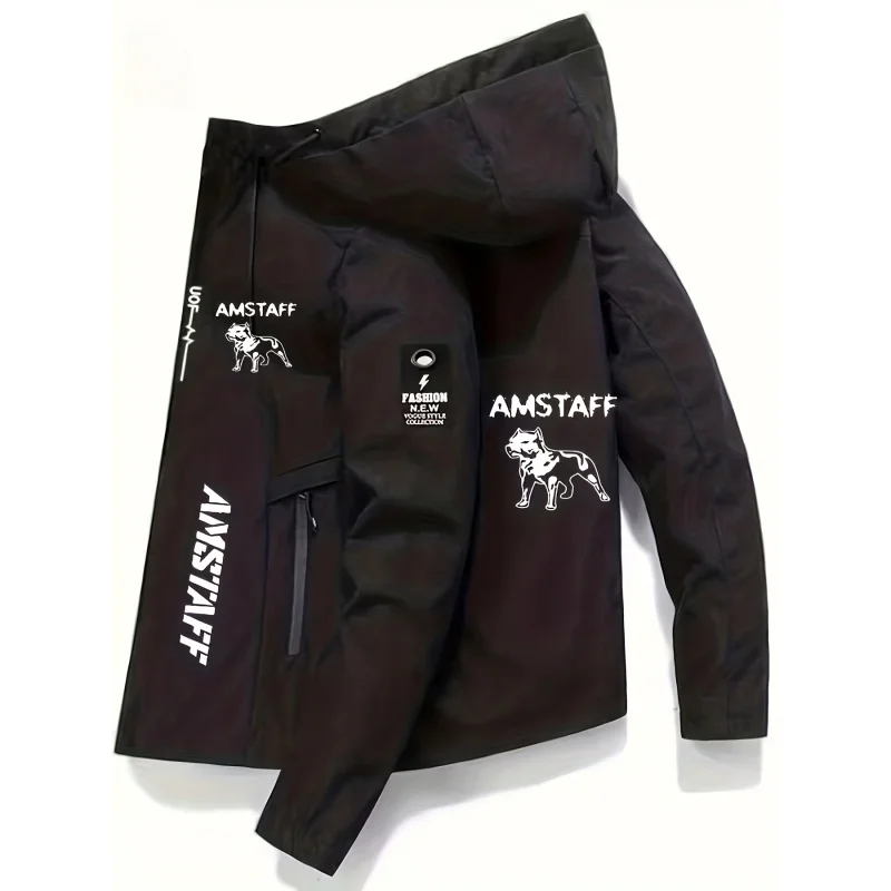 Men'S High QualityAMSTAFFLogo Windproof Cycling JacketFashionable Hooded Dog Pattern Print Design