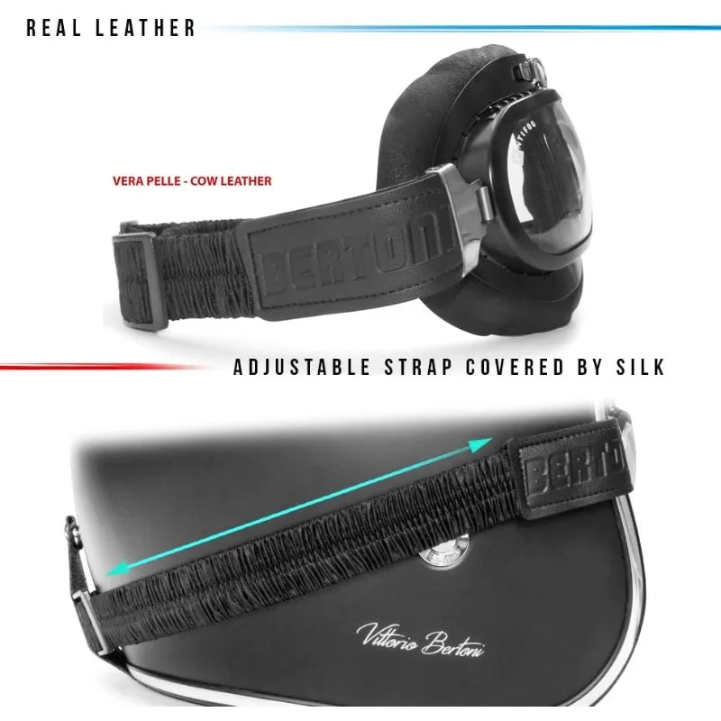 Bertoni Gafas de motocicleta Cuero de becerro negro real AF191L Italia Vintage Aviator Bikers Gafas