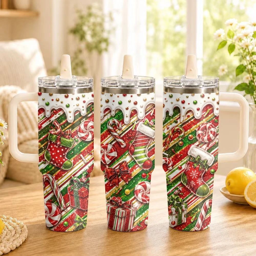 Christmas Candy Cane Vacuum Flasks 40oz Stainless Steel Insulated Tumbler Leakproof Vacuum Travel Mug Portable Coffee Cup