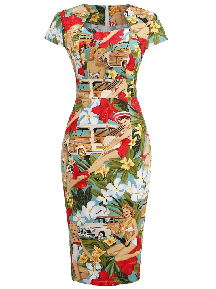 Slim Vintage 50s Party Dress Women Short Sleeve Office OL Midi Dress Summer Vestidos Floral Print Rode De Cocktail Bodycon Dress