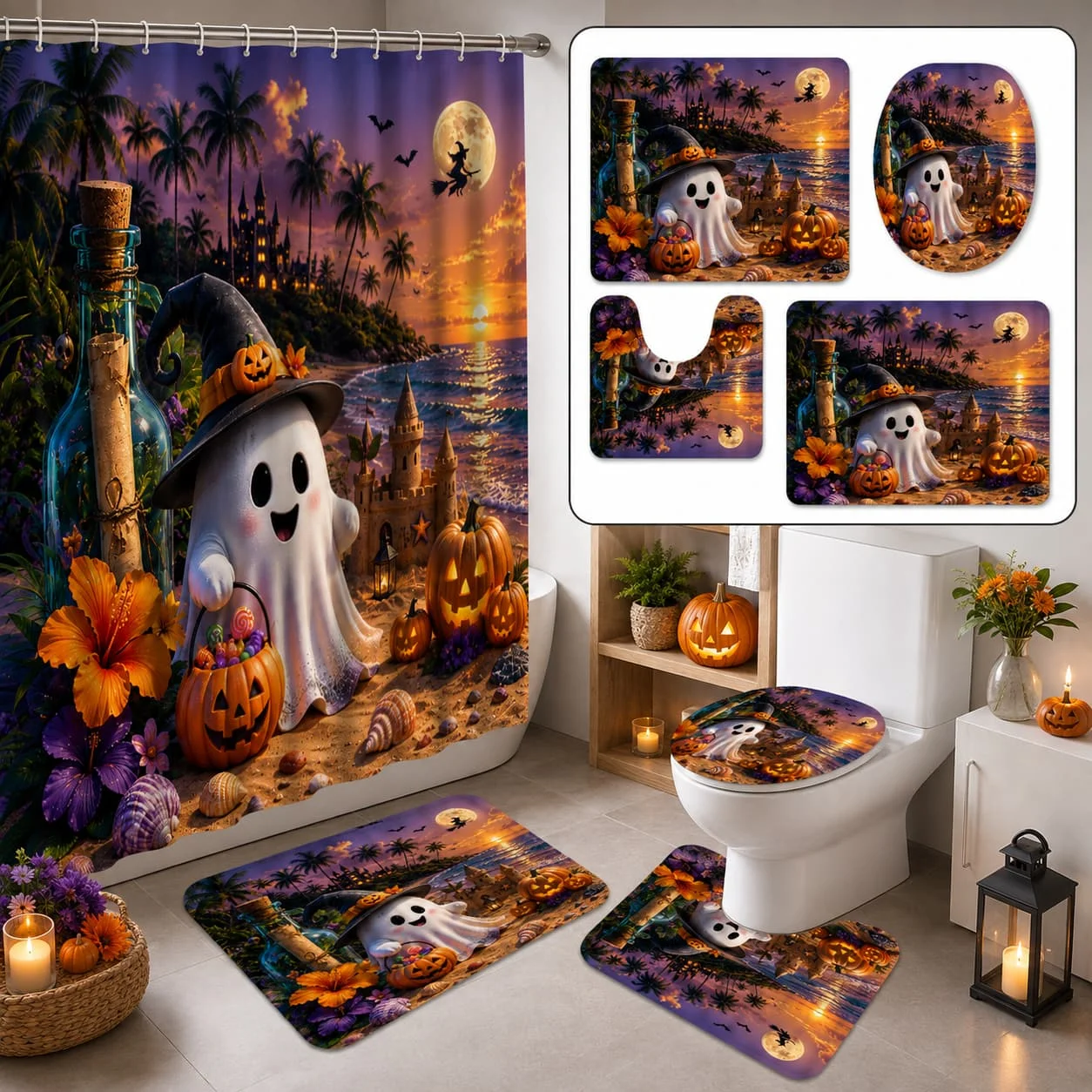 2D Flat, 4pcs 2D Flat Tropical Halloween Ghost Shower Curtain Set, Smiling Ghost And Pumpkins at Beach Sunset Bathroom Decor, Additions with, U-Shaped, Toilet Lid Cover, Shower Curtain Includes Hooks, Home Decor, Bathroom Additions