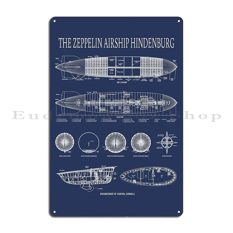 Hindenburg German Zeppelin Airship Detailed Blueprint Diagrams Gift Metal Signs Cinema Rusty Retro Create Cave Tin Sign Poster