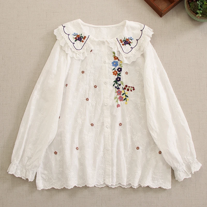 

Mori Girl Sweet Flower Embroidery Cotton White Shirts Women Spring Autumn Kawaii Peter Pan Collar Long Sleeve Casual Blouse Tops