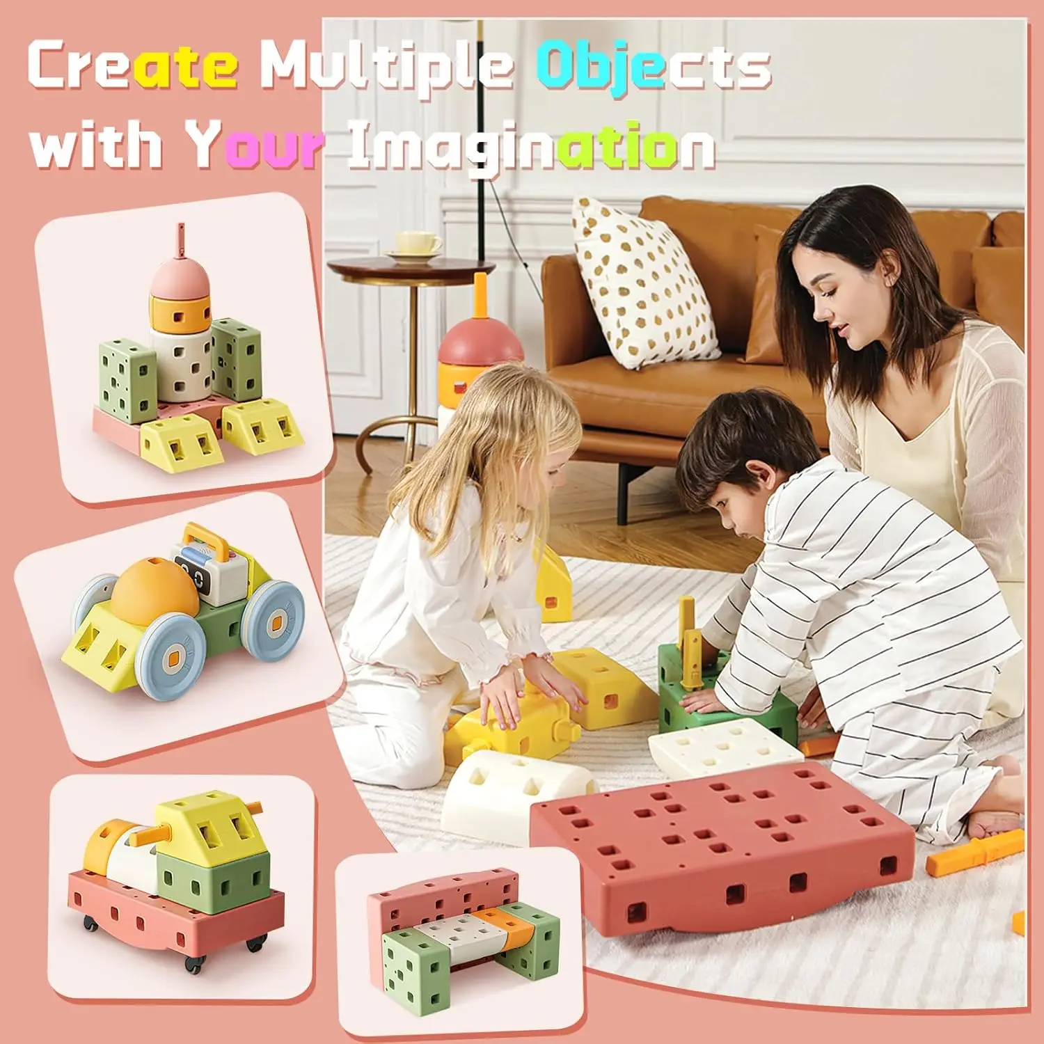 DIY Giant Building Blocks Set for Toddler - Big Stacking Soft Blocks with 8 Wheels for Kids with Shape & Color Learning - Large