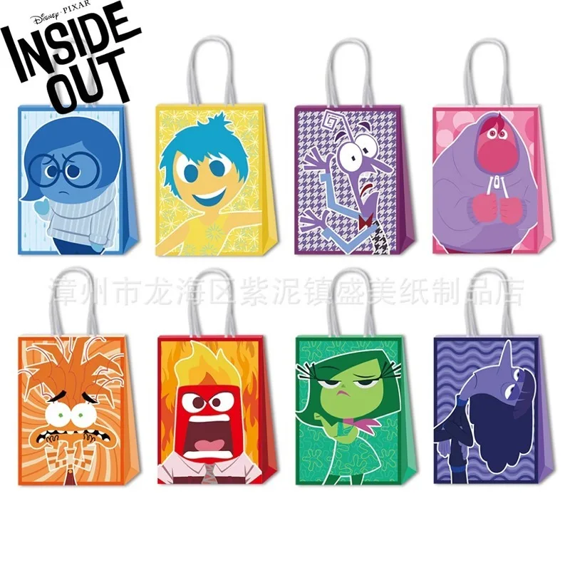 

12/24Pcs Disney Cartoon Inside Out 2 Kraft Paper Gift Bags With Handles Birthday Party Favors Packaging Bag New Year Gift Bags