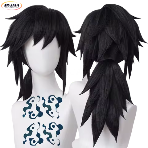 Tomioka Giyuu Cosplay Wig Cosplay Black Pigtail Heat Resistant Synthetic Hair Anime Wigs + Wig Cap