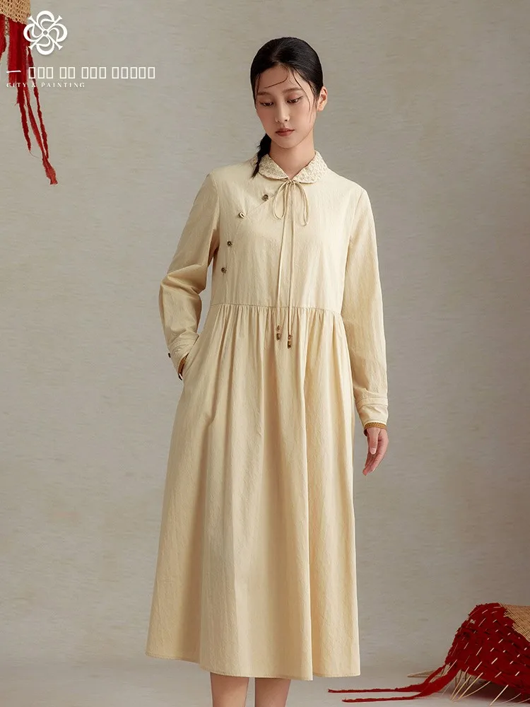 

Ele High Waist Pure Cotton Long A-Line Dr Artistic Vintage Sle One-Piece Autumn Faion Women's Clothing