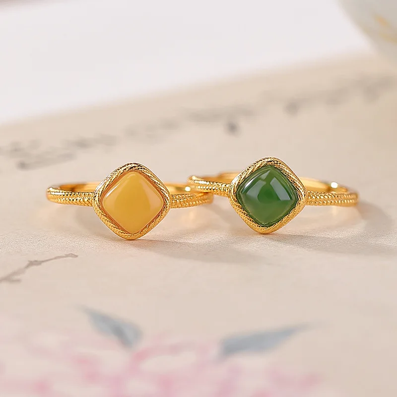 

Hetian Jade S925 Sterling Gold-Plated Jasper Amber Twisted Hemp Pattern Geometric Silver Ring