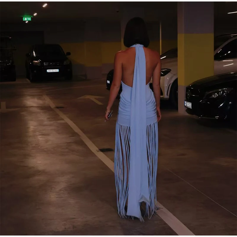 Women Sexy Tassel Patchwork Maxi Dress Elegant V-neck Wide Strap Sleeveless Waist-cinching Slim Fit Dresses Chic New Party Gowns