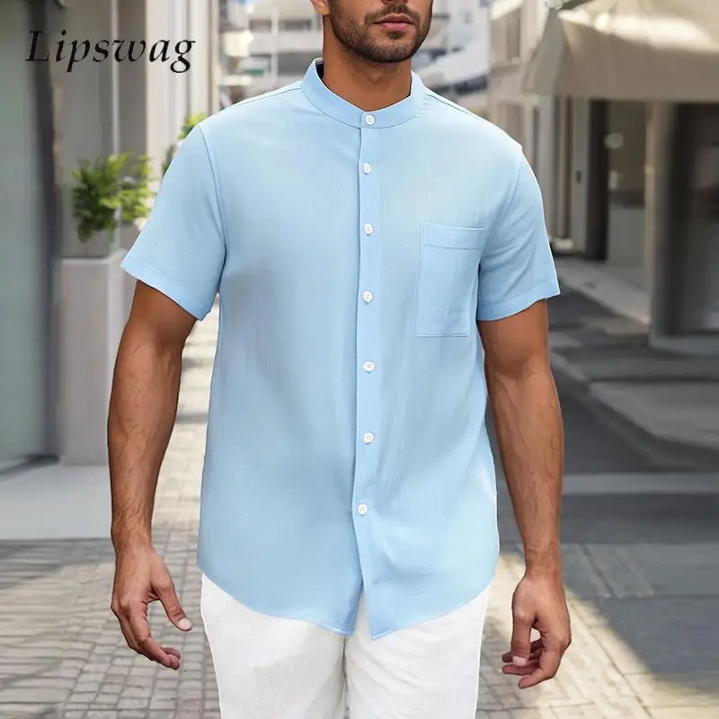 

2025 Summer Outdoor Casual Breathable Shirts Mens Leisure Thin Short Sleeve Buttoned Shirt Vintage Stand Collar Men Simple Tops