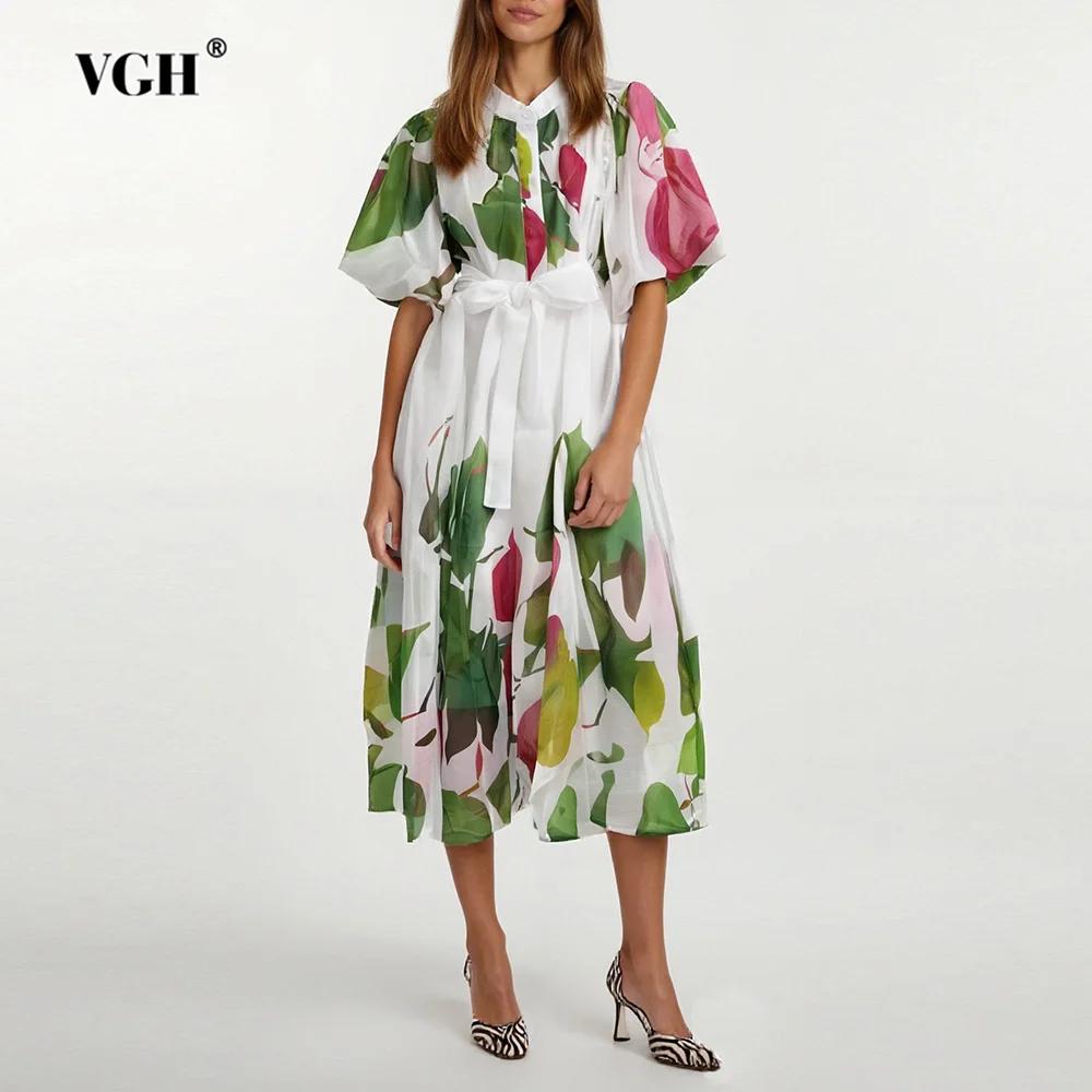

VGH Hit Color Floral Printing Midi Dresses for Women Lapel Puff Sleeve High Waist Patchwork Lace Up Elegant Dress Female Summer