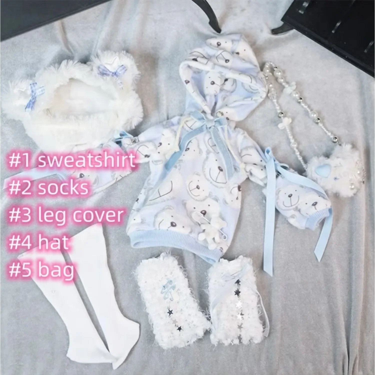 1/4 1/5 1/6 Msd Mdd BJD Doll White Blue Suit, Fashion Girl Casual Bear Print Clothing, sweatshirt+socks+leg cover+bag+hat