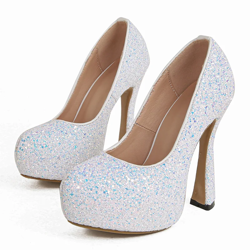 

Pink High Heels Women Platforms Shoes White Sequin Round Toe Pumps Summer 13cm Heeled Ladies Shoes Plus Size 45 Talons Femme