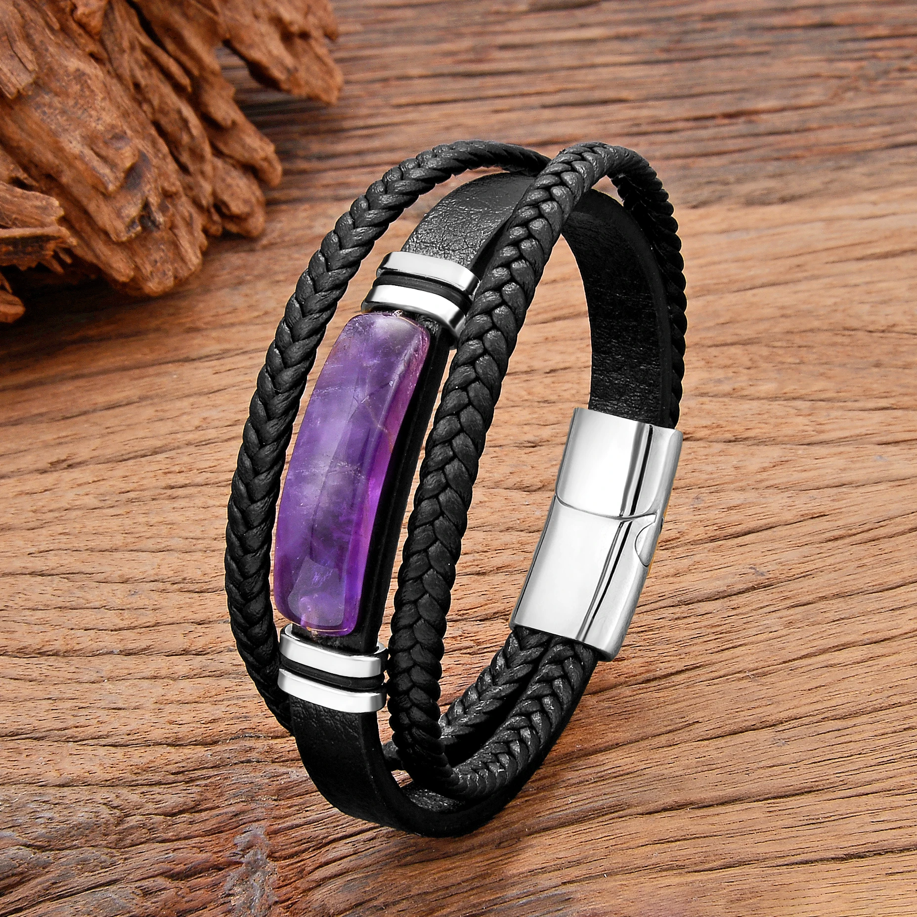 Luxury Natural Amethystine Stone Bracelets Men Women Design Crystal Bracelet Multilayer Leather Bangles Stainless Steel Jewelry