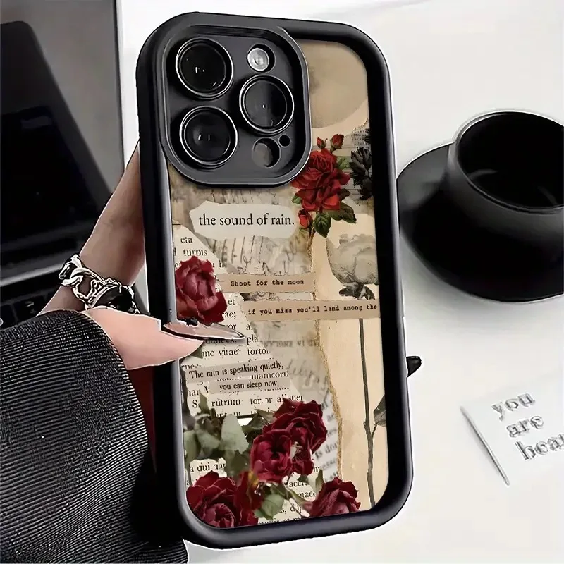 Vintage Rote Blumen Zeitungsdruck Silikon Handyhülle für iPhone 17 16 15 14 13 12 11 Pro Max XS X XR 7 8 Plus 16E 17 Pro Cover