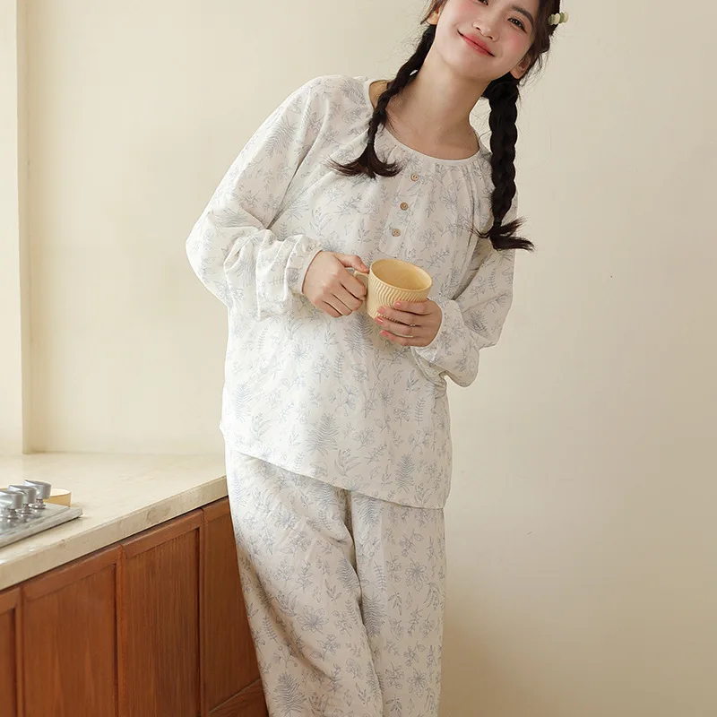 Pyjamas Dames New Korean Print Women Cotton Pajama Set Loose Long Sleeve Trousers Suit Spring Autumn Home Wear Night Clothes