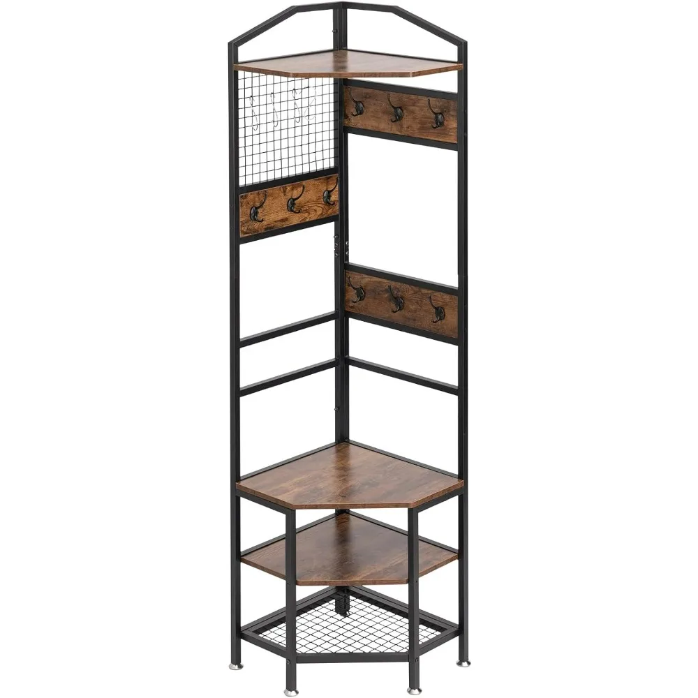 

4-Tier Corner Industrial Hall Tree, Freestanding Entryway Coat Rack with Hooks and Wooden Storage Shelves, Black