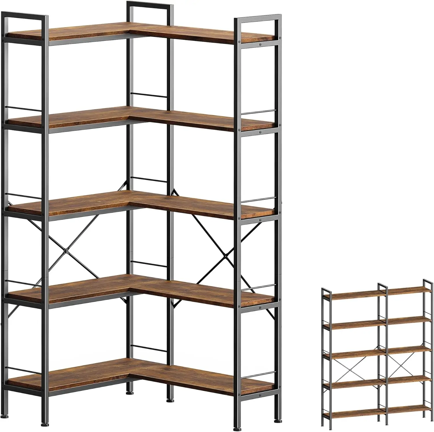 

5 Tier Bookshelf, L Shaped Corner Bookshelf with 10 Open Shelves, 49.4 Inch Straight Wide Bookcase with Metal Frame