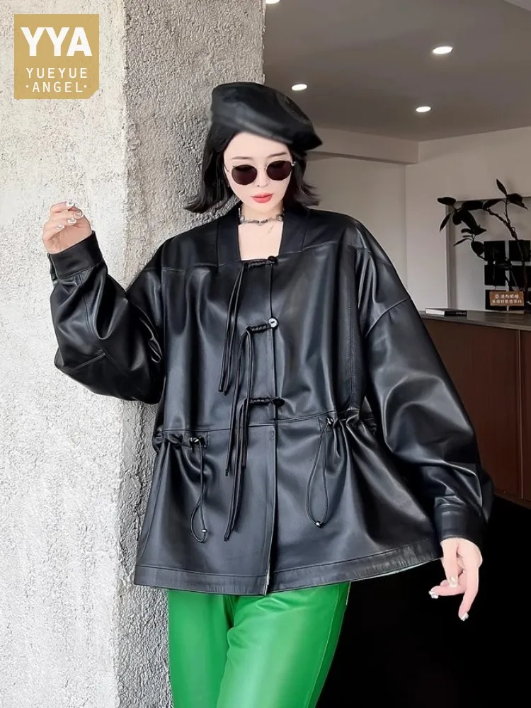 Designer New Chinese Style Women Genuine Leather Jacket Square Neck Loose Fit Double Sided Single Breasted Real Sheepskin Coat