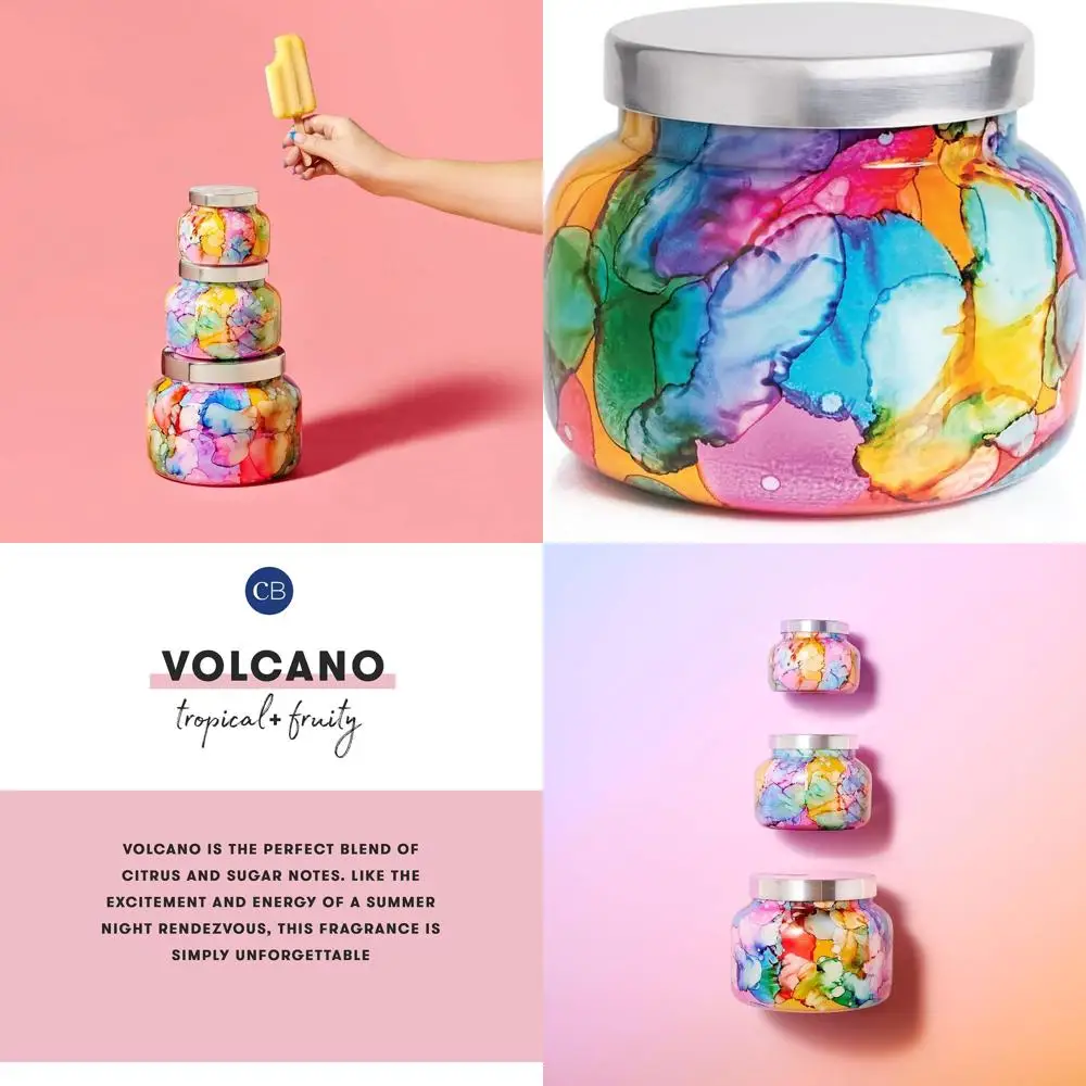 

Volcano Candle - Rainbow Watercolor Signature Glass Jar Candle - Luxury Aromatherapy Candle - Tropical Fruits & Sugared Citrus C