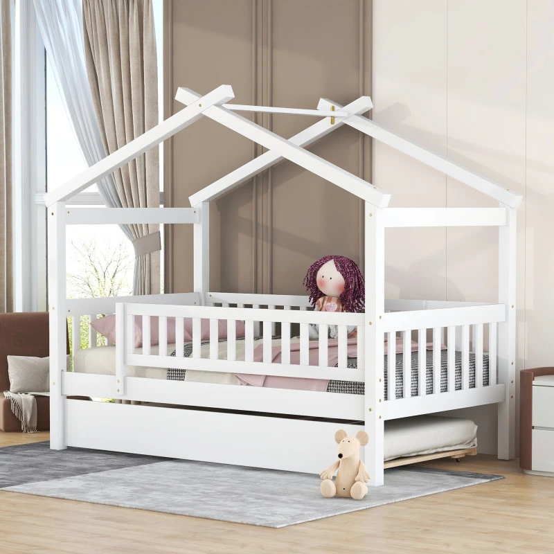 Cama de casa de madera de tamaño doble con trundle de tamaño doble, blanco