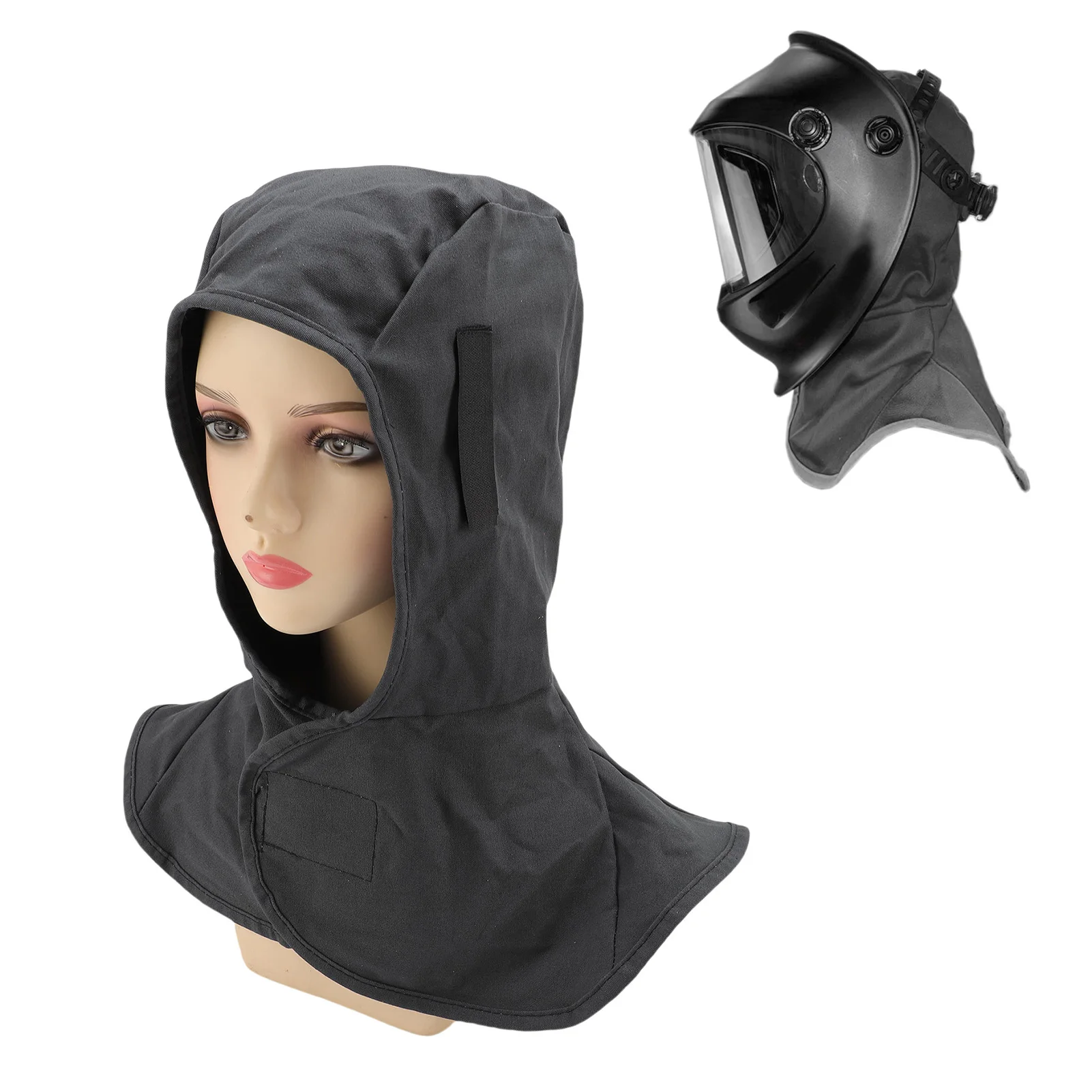 용접 후드 난연성 면 용접 커버 목 어깨 드레이프 포함 남녀 공용 회색 전면 보호