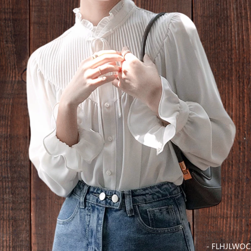 

Bow Tie Tops Women Korean Style Design Clothes Flare Sleeve Elegant Office Lady Cute Ribbon Lace-Up Sweet Basic Shirts Blouses