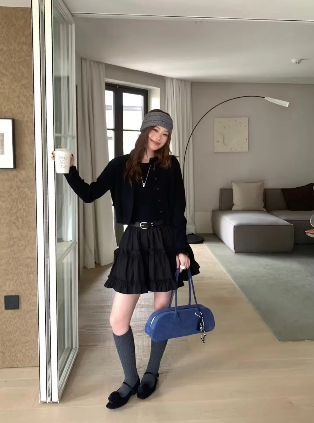 

UMI2025 Autumn New round Ne Svel Knitted Splicing Dr with Long Sve ort Coat Set Casual Sle Women's Faion Set