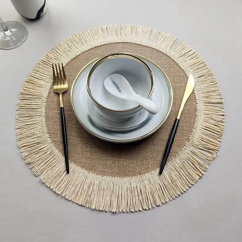 

Round Tassel Placemats Kitchen Jute Table Mat Insulated Placemat Non-Slip Dining Table Mats Washable Place Mats