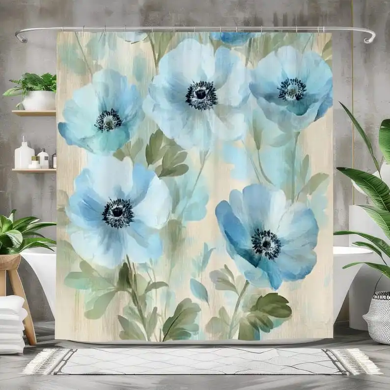 

Watercolor Blue Poppy Flower Shower Curtain, Elegant Floral Bathroom Decor on Neutral Beige Spa Style Home Accent