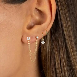 3PCS New Design Four Crystal Flower Pendant Hoop Earrings Set For Women Double Ear Hole Chain Stud Earring Piercing Jewelry