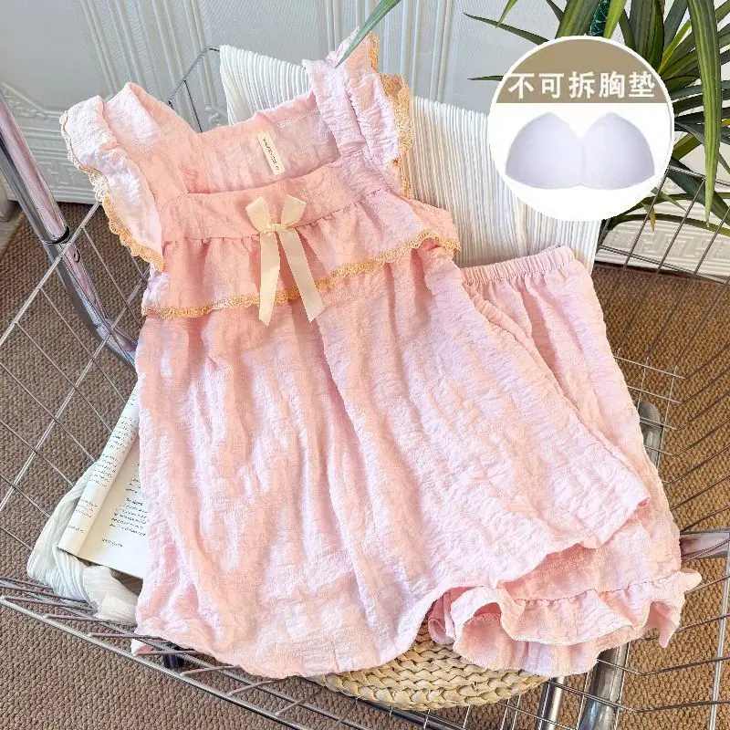 

New Summer Suspenders Pajama Sets Women's Solid Color Korean Style Cute Shorts Home Clothing 2-piece Set Satin Pajamas Korea Two