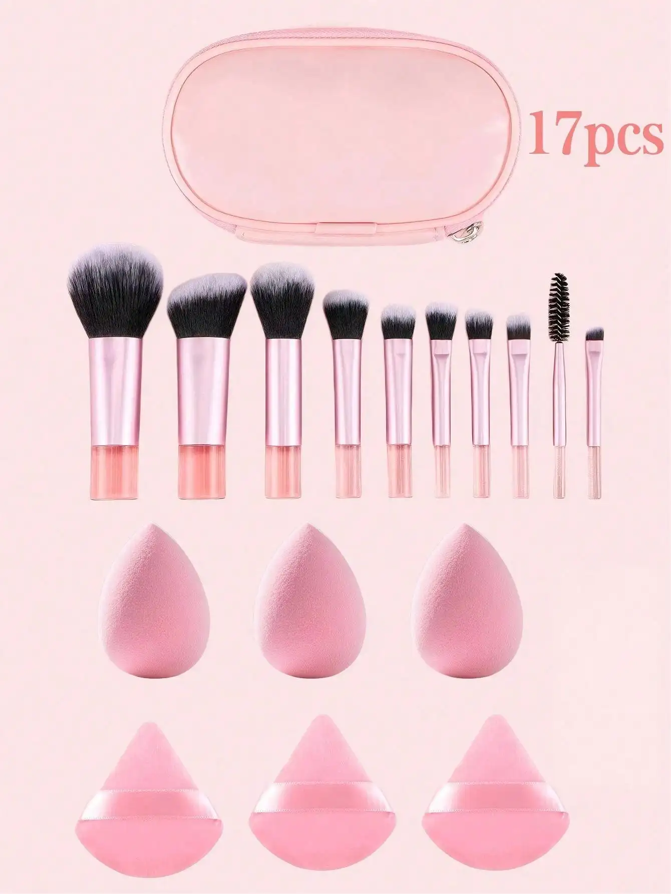 17 PCS Mini Pink Makeup Brush Set, Crystal Short Handle, Compact & Exquisite, Portable Travel Design , Foundation Brush