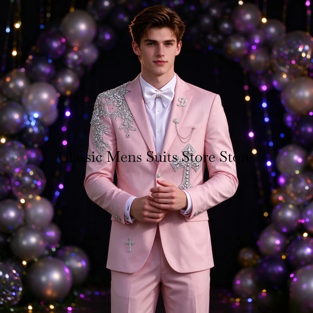 Customized Diamond Embroidery Tuxedo Men Suit Graceful Beading Male Prom Blazers 2 Pieces Set Wedding Groom Jewelry Ropa Hombre