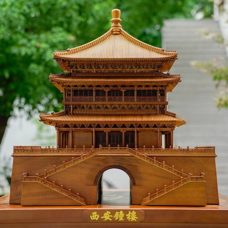 Ancient building model wood carving crafts living room office ornament bell tower drum tower