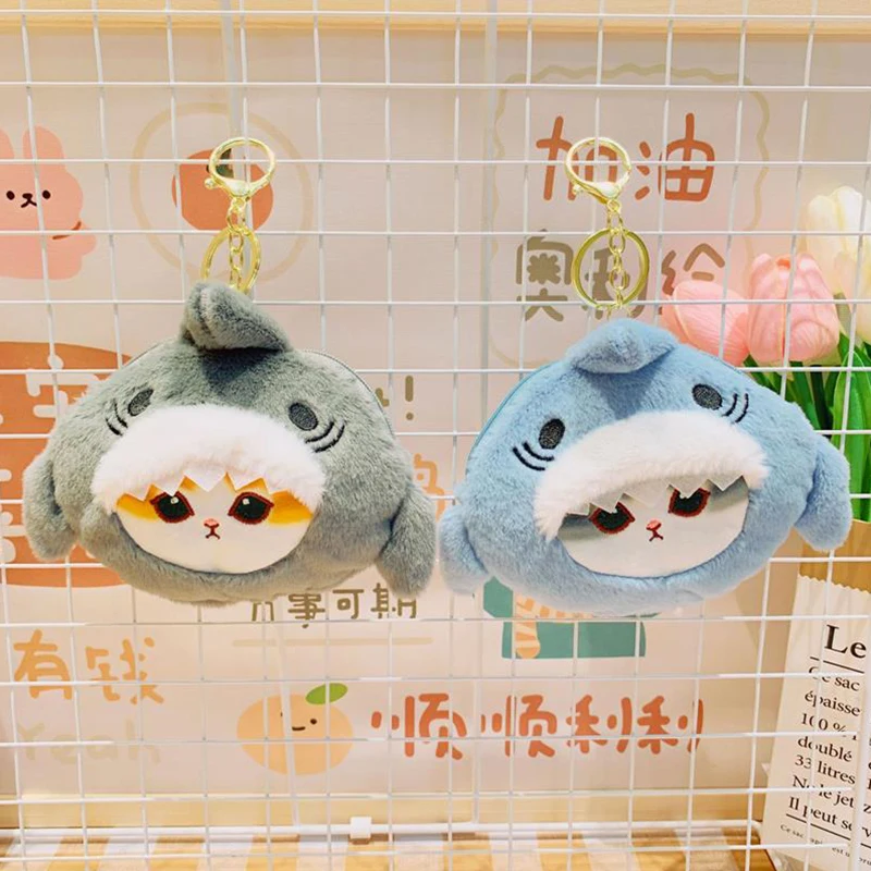 Porte-monnaie chat requin en peluche avec fermeture éclair, jouets beurre parfumés, sac porte-clés mignon, ornements de moto, cadeaux de couple