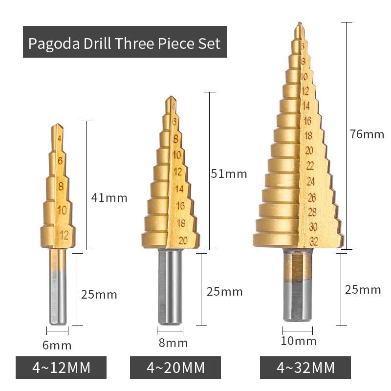 ステップドリルセット,金属,4-12/20/32mm,チタン鋼の硬質金属カッター,コーンピアスツール,ウッドドリルビット,3,4-12/20/32mm