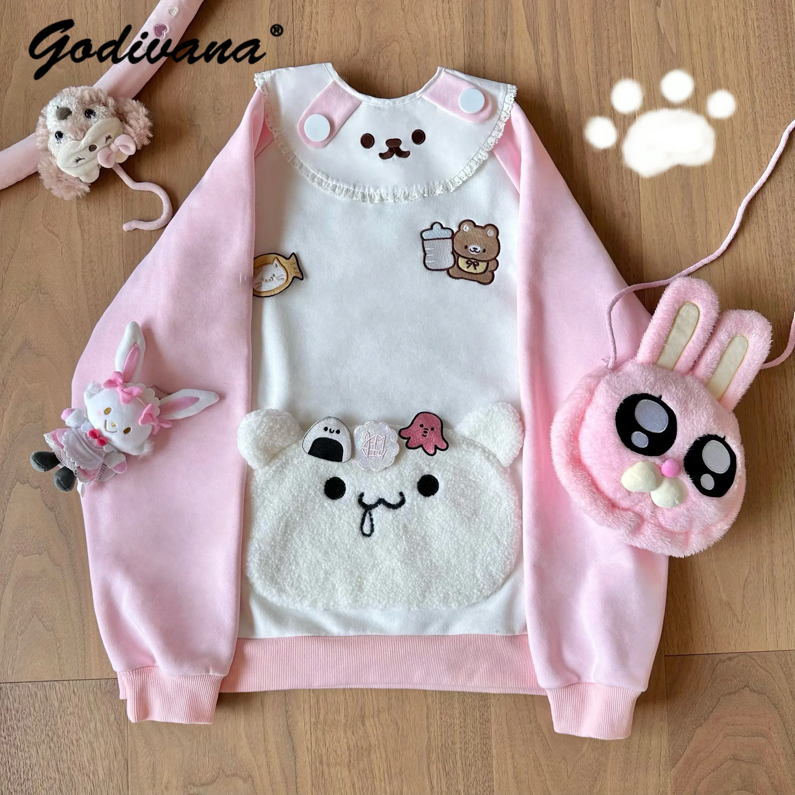 

New Autumn Winter Fleece Pullover Sweatshirt Cute Girl Women's Saliva Towel Removable Embroidered Plush Pocket Hoodie Tops