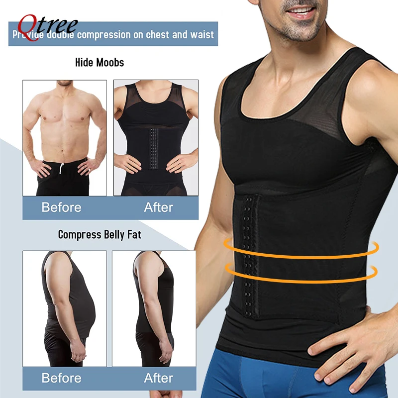 Qtree Mens Compression Slimming Body Shaper Vest Hooks Sleeveless Undershirt Weight Loss Tummy Control Waist Trainer Corset