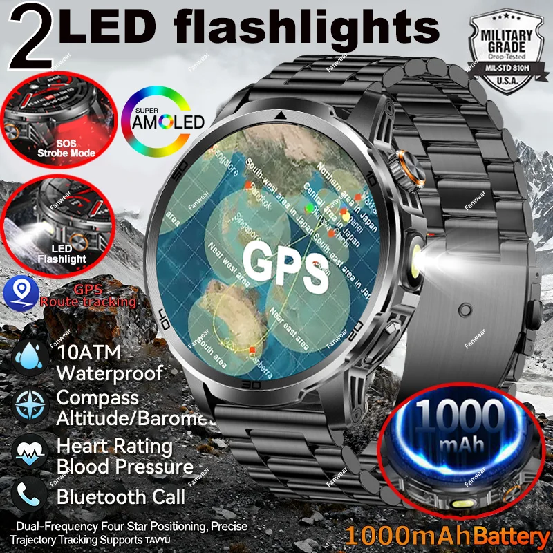 

Military sturdy outdoor smart watch men's fun run SOS distress light +LED flashlight 1000 mAh battery GPS track IP68 waterproof