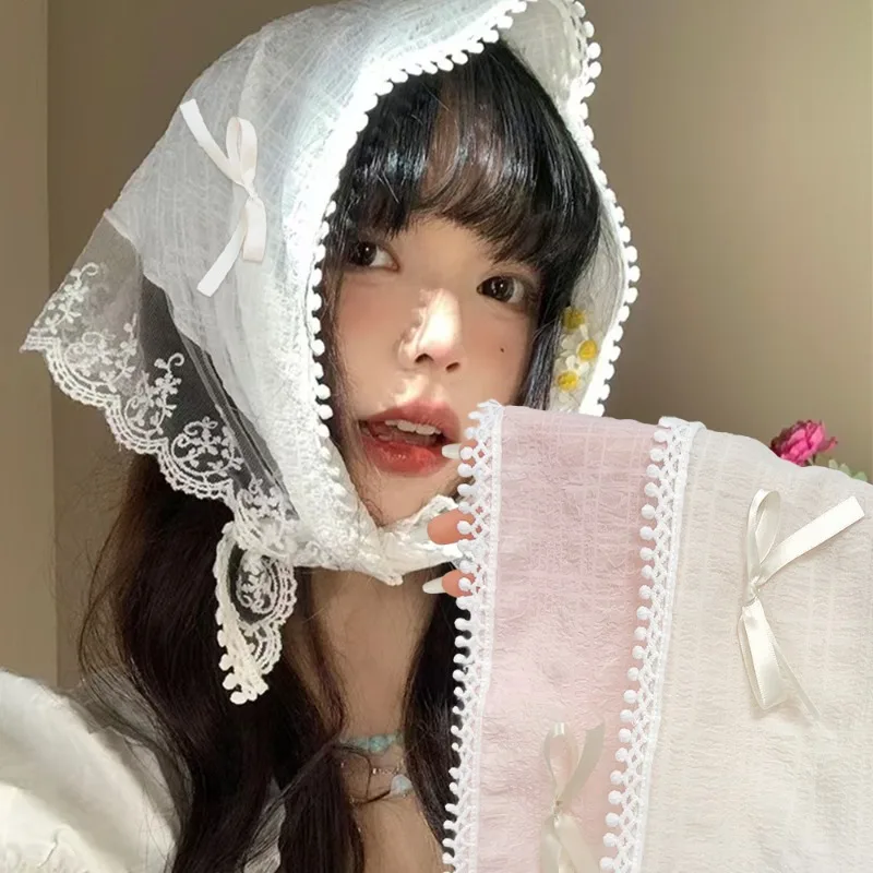 

Korean Lace\Spring Summer BowknotHair Band Sweet Scarf Kerchief Girl Headscarf Headdress Sweet Triangle Hair Scarf Women Girls