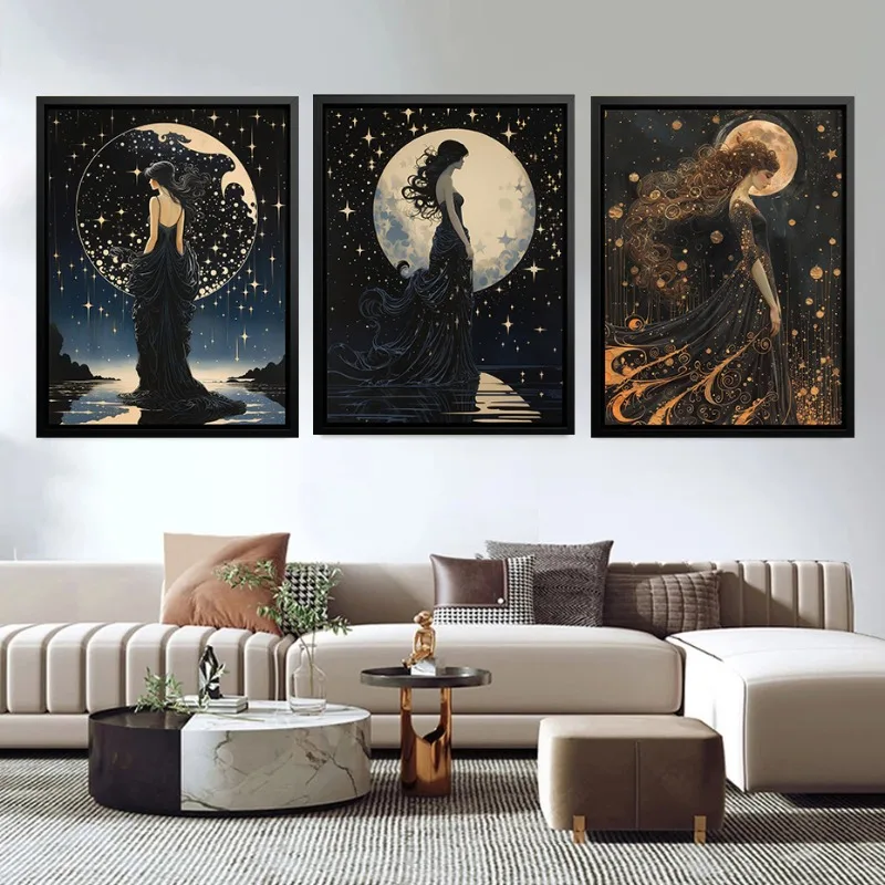 Greek Mythology Goddess of Stars and Constellations Poster Night Sky Moon Art Nouveau Canvas Painting Wall Room Home Decor Mural