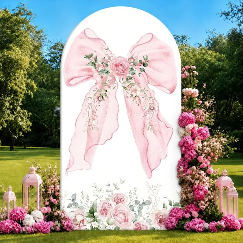 

Single Side Arch Backdrop Cover Elegant Pink Rose Bow Backdrop for Wedding or Party Decor with Floral Arrangements and Lanterns