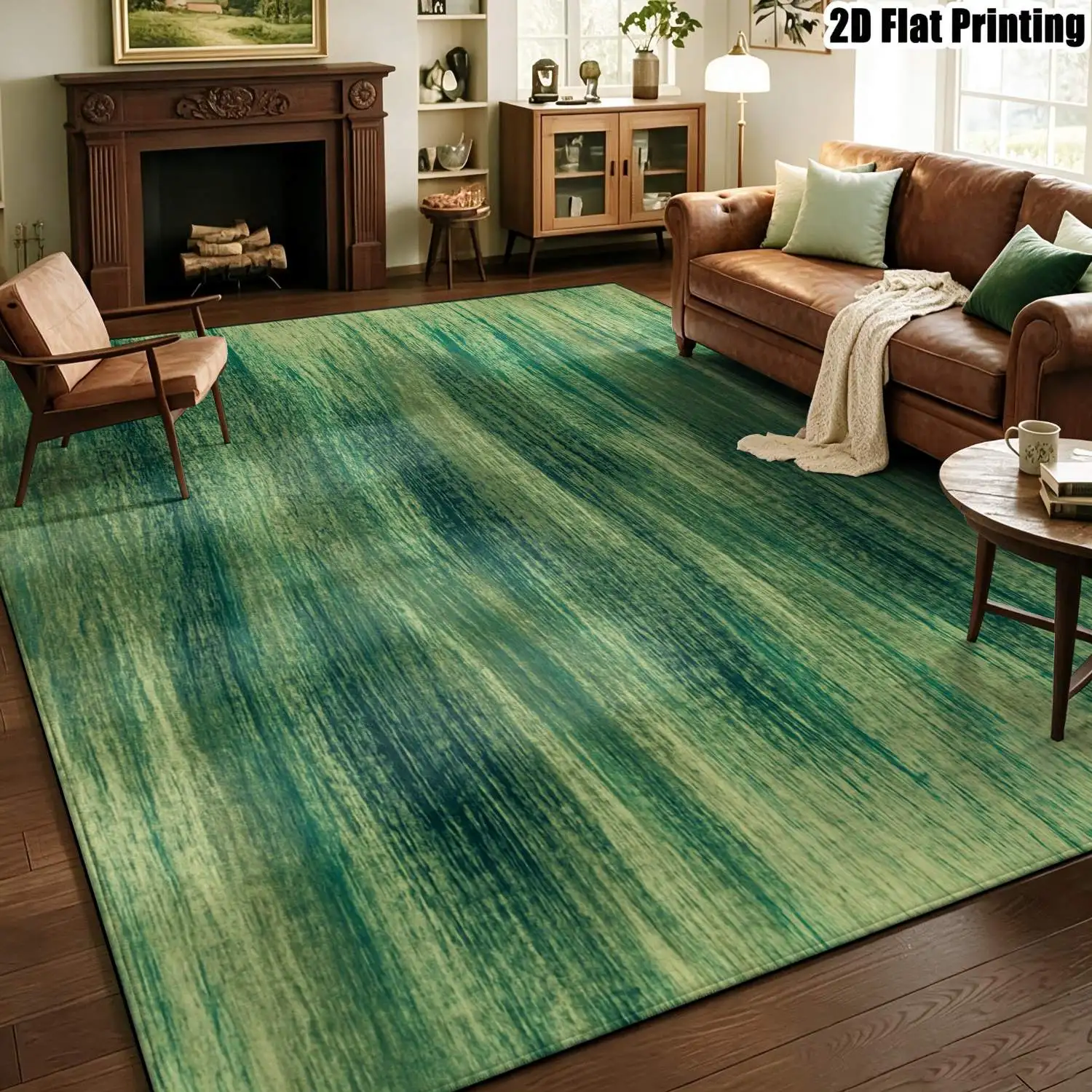 1Pc 2D Printed Carpet: Green Abstract Art Line, Nordic/Modern Minimalist/European Style, Geometric Striped Vintage Home Decor Rug, Multi-Size, Machine Washable, Suitable for Entrance/Dining/Foyer/Bedroom/Living Room